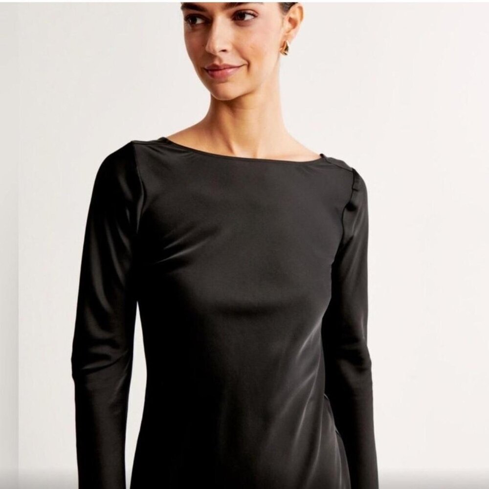 Abercrombie & Fitch Satin Long Sleeve Open Back Mini Dress Black Women's Size L - Picture 5 of 10